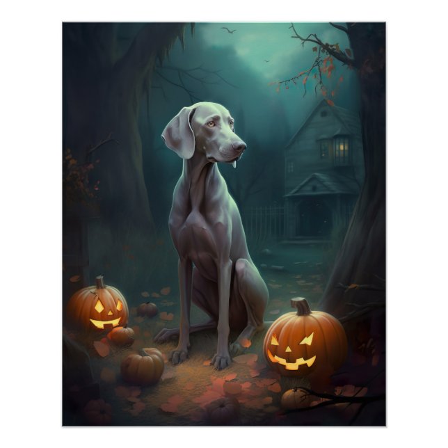Poster Weimaraner d'Halloween avec citrouilles effrayant (Devant)