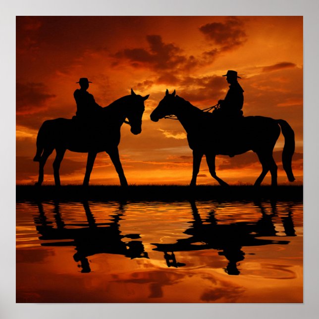 Poster Western Sunset Horseback équitation silhouette cow (Devant)