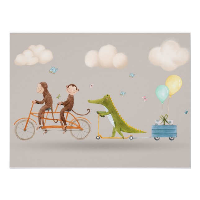 Poster Whimsical Animals on Bicycle Nursery Wall art  (Devant)
