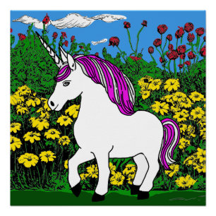 Poster Whimsical blanc violet Anniversaire Unicorn