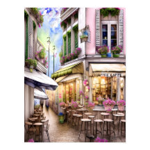 Poster Whimsical French Street Cafe, aquarelle