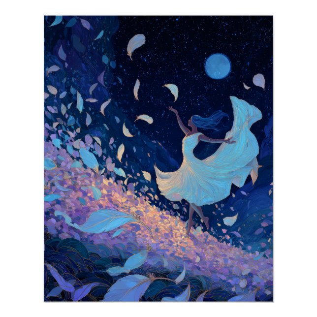 Poster Whimsical Moonlit Dance Blue Fantasy Art (Devant)