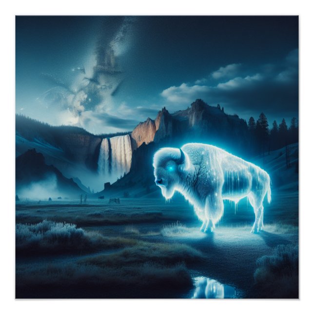 Poster White Buffalo Yellowstone Park Art (Devant)