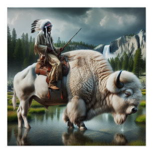 Poster White Buffalo Yellowstone Park Avec Art Indien