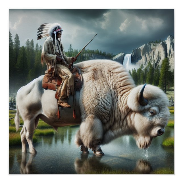 Poster White Buffalo Yellowstone Park Avec Art Indien (Devant)