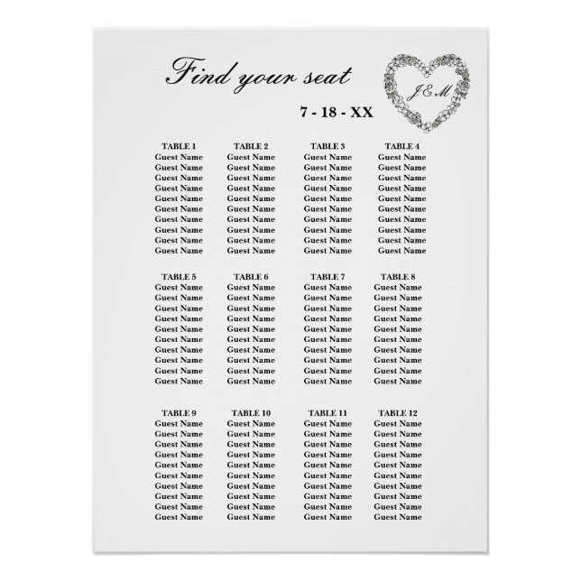 Poster White Floral Heart 12 Table Wedding Table Setting (Devant)