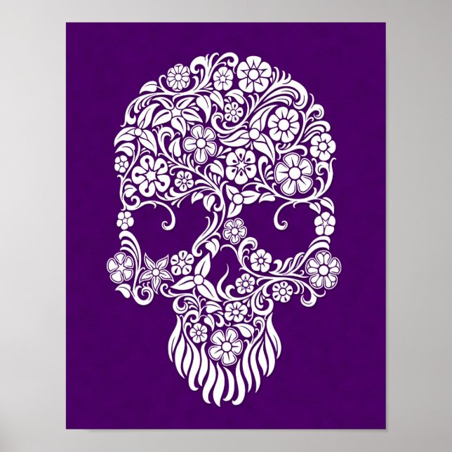 Poster White Flowers and Vines Skull Design on Purple (Devant)