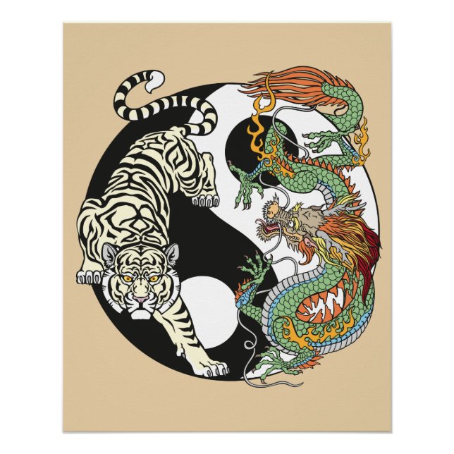 Poster White tiger versus green dragon in the yin yang (Devant)