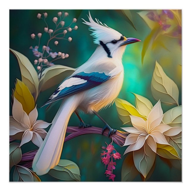 Poster White Tufé Turquoise Wing Jay Imaginaire Bird (Devant)