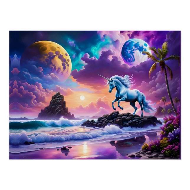 Poster White Unicorn Imaginaire Tropical Beach (Devant)