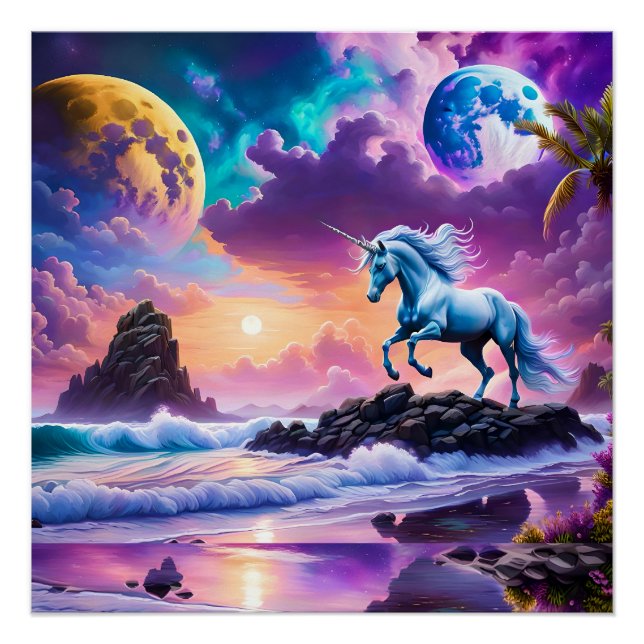 Poster White Unicorn Imaginaire Tropical Beach (Devant)