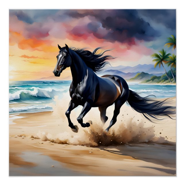 Poster Wild black stallion galloping (Devant)
