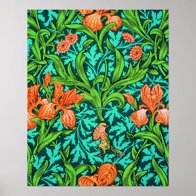 Poster William Morris Irises, orange et turquoise (Devant)