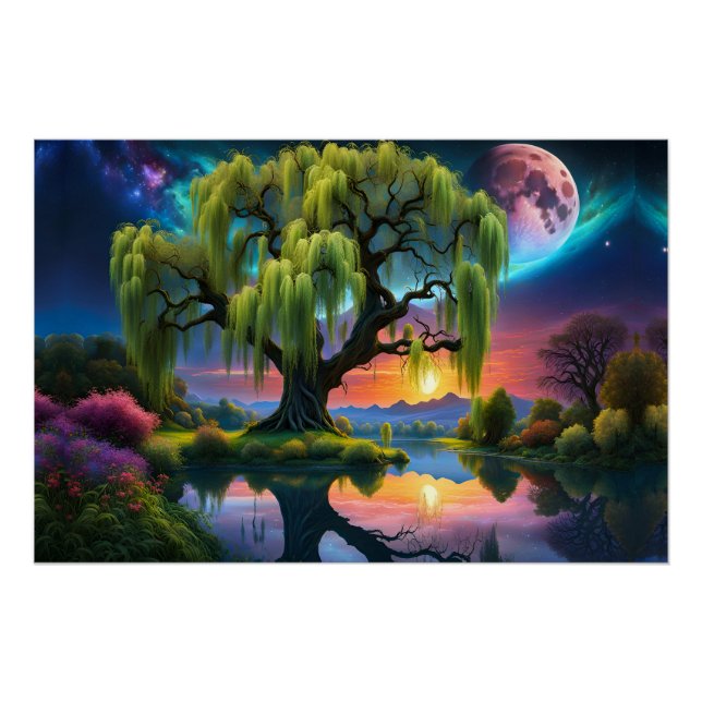 Poster Willow tree under Pleine lune N Starry ciel Sunset (Devant)