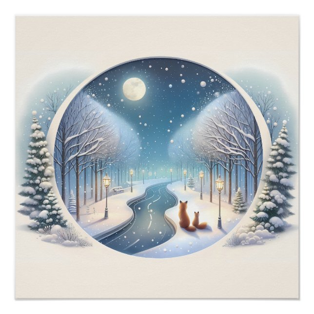 Poster Winter Foxes by Moonlit Snowy River (Devant)