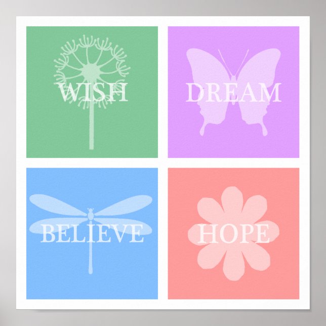 Poster Wish, Dream, Hope, Believe Pastel Patchwork (Devant)