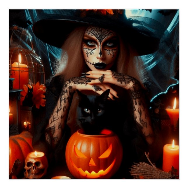 Poster Witch black cat candles Halloween (Devant)