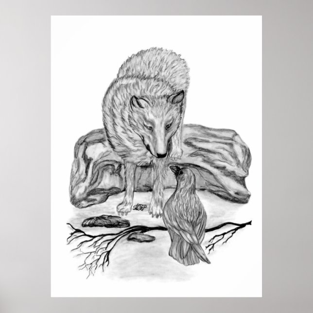 Poster Wolf and Raven black and white design (Devant)