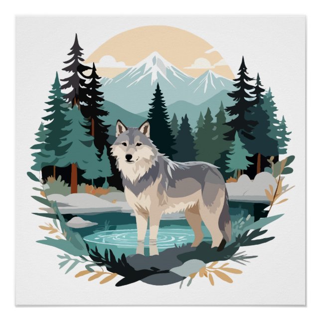 Poster Wolf Faune Animaux Nature Extérieure Aquarelle (Devant)