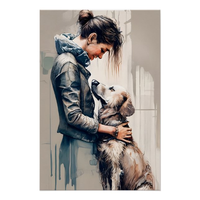 Poster Woman hugging her dog (Devant)