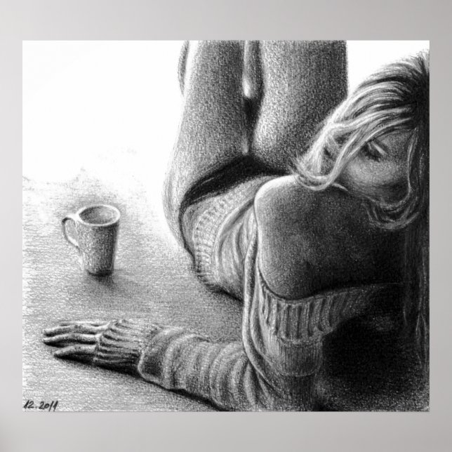 Poster Woman with morning coffee Pencil drawing art (Devant)