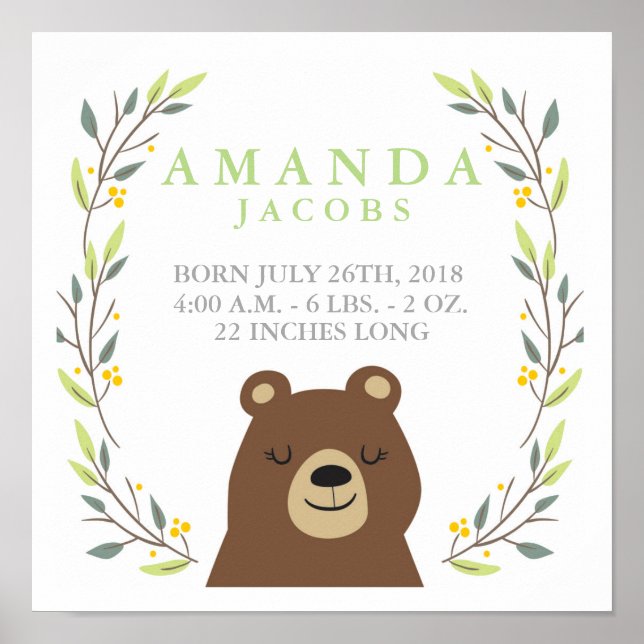 Poster Woodland Bear Baby Stats (Devant)