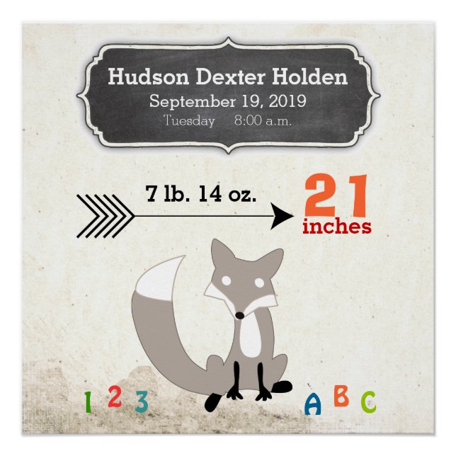 Poster Woodland Créatures Fox Baby Stats Keepsaké (Devant)