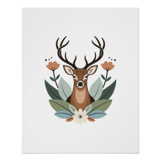 Poster Woodland Harmony – Boho Deer Botanical Illustratio