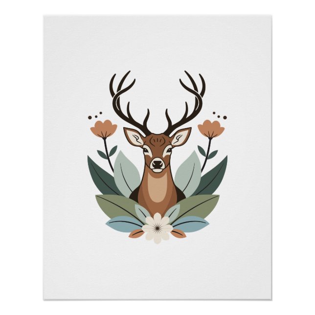 Poster Woodland Harmony – Boho Deer Botanical Illustratio (Devant)