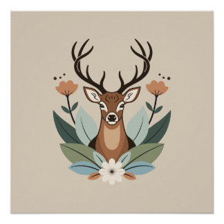 Poster Woodland Harmony – Boho Deer Botanical Illustratio