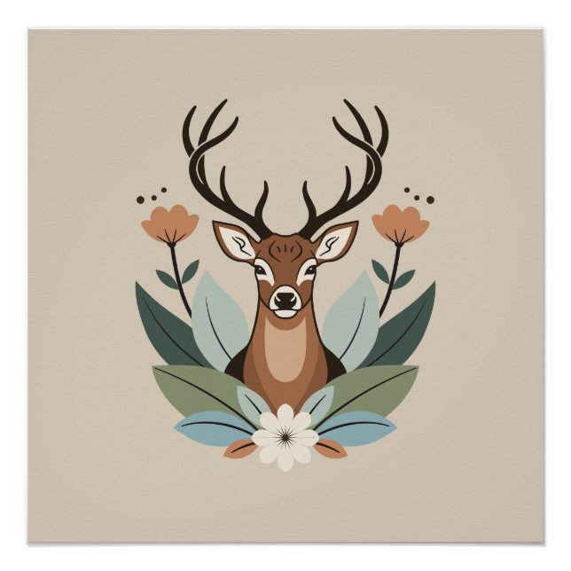 Poster Woodland Harmony – Boho Deer Botanical Illustratio (Devant)