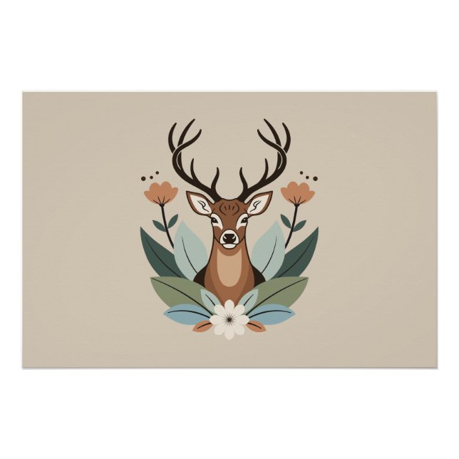 Poster Woodland Harmony – Boho Deer Botanical Illustratio (Devant)