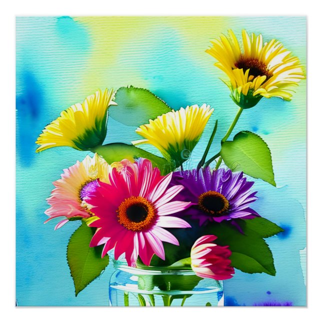 Poster Wow Factor. Vase et fleurs. Couleurs vives (Devant)