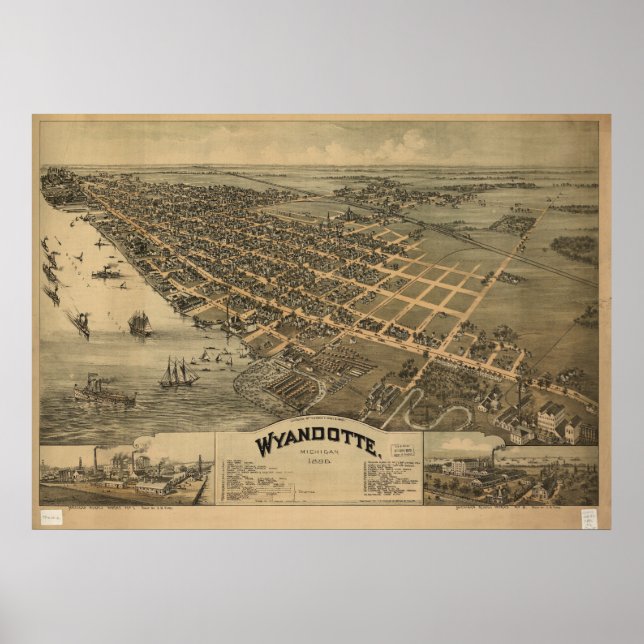 Poster Wyandotte Michigan 1896 Carte panoramique antique (Devant)