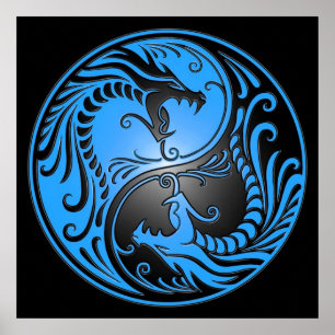 Poster Yin Yang Dragons, blue and black