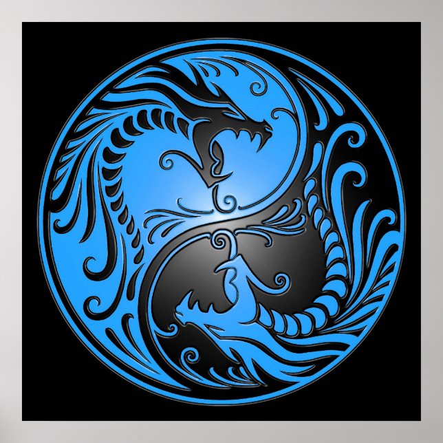 Poster Yin Yang Dragons, blue and black (Devant)