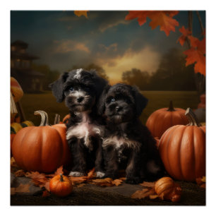 Poster Yorkipoo Chiot Automne Citrouille délice