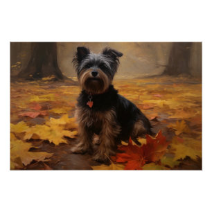 Poster Yorkipoo dans les feuilles d'automne tombent inspi