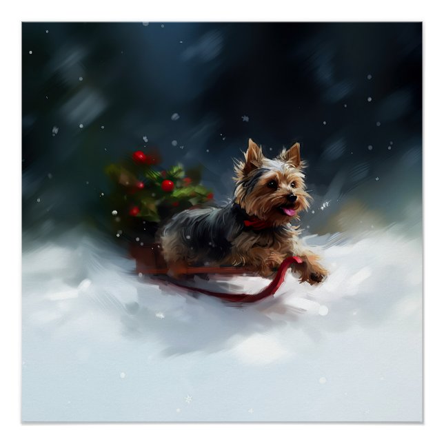 Poster Yorkshire Terrier neige de Noël hiver (Devant)