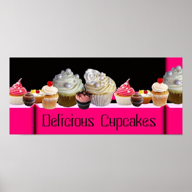 POSTER YUMMY CUPCAKES DESERT SHOP/ ROSE NOIR BLANC (Devant)
