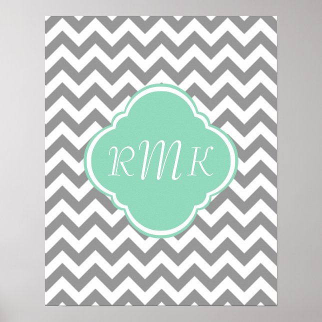 Poster Zigzag gris et blanc Monogramme personnalisé (Devant)