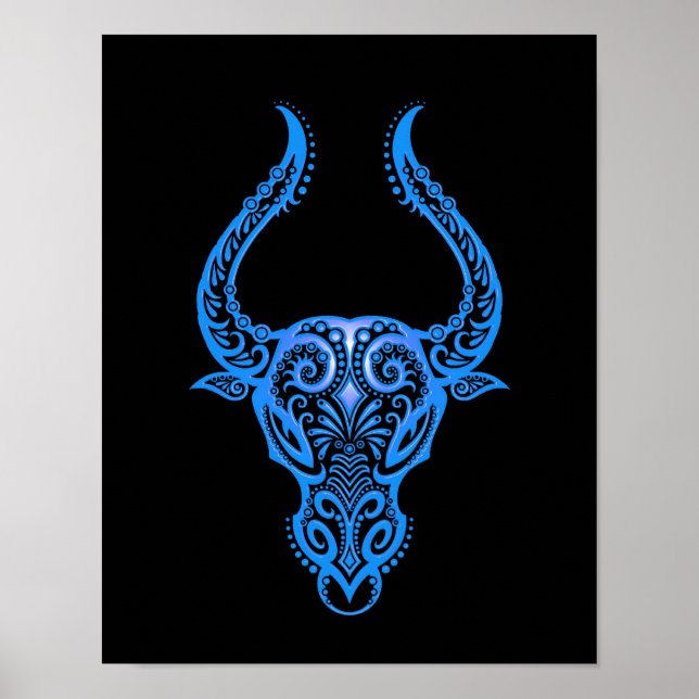 Poster Zodiaque de taurus bleu complexe sur noir (Devant)