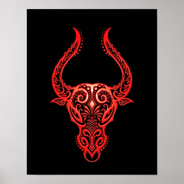 Poster Zodiaque de Taurus rouge complexe sur noir (Devant)