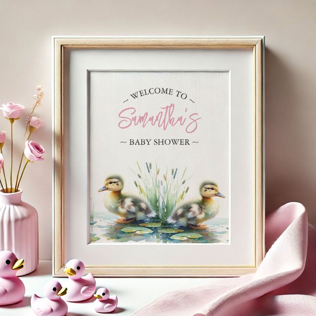 Posters baby shower Canard Affiche de bienvenue ro (baby shower posters pink girl watercolor ducks by Do Tell A Belle)