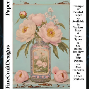 Pot en verre avec pivoines roses vintage CT5 papie
