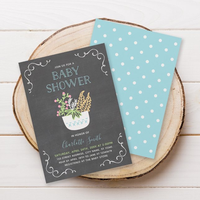 Pot Fleur Chalkboard Baby shower bleu Invitation (Créateur téléchargé)