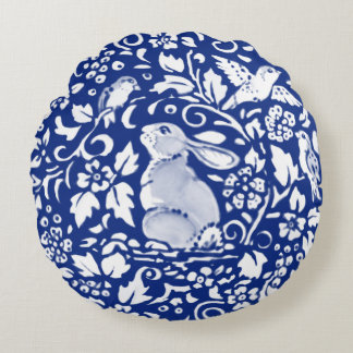 Poterie de lapin bleu et blanc look Coussin rond