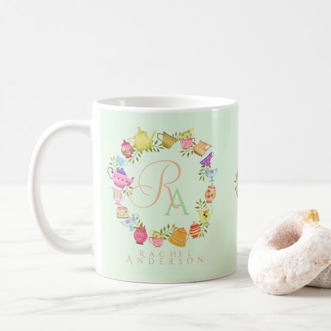 Pots de thé et tasses Monogram Pastel Green Mug (Avec donut)
