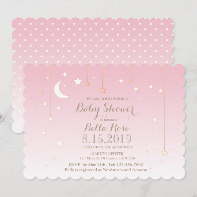 Pots rose Polkda Moon Star Baby shower Invitation (Devant / Derrière)