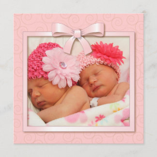 Pots roses Twin Girls Baby Photo Faire-part de nai